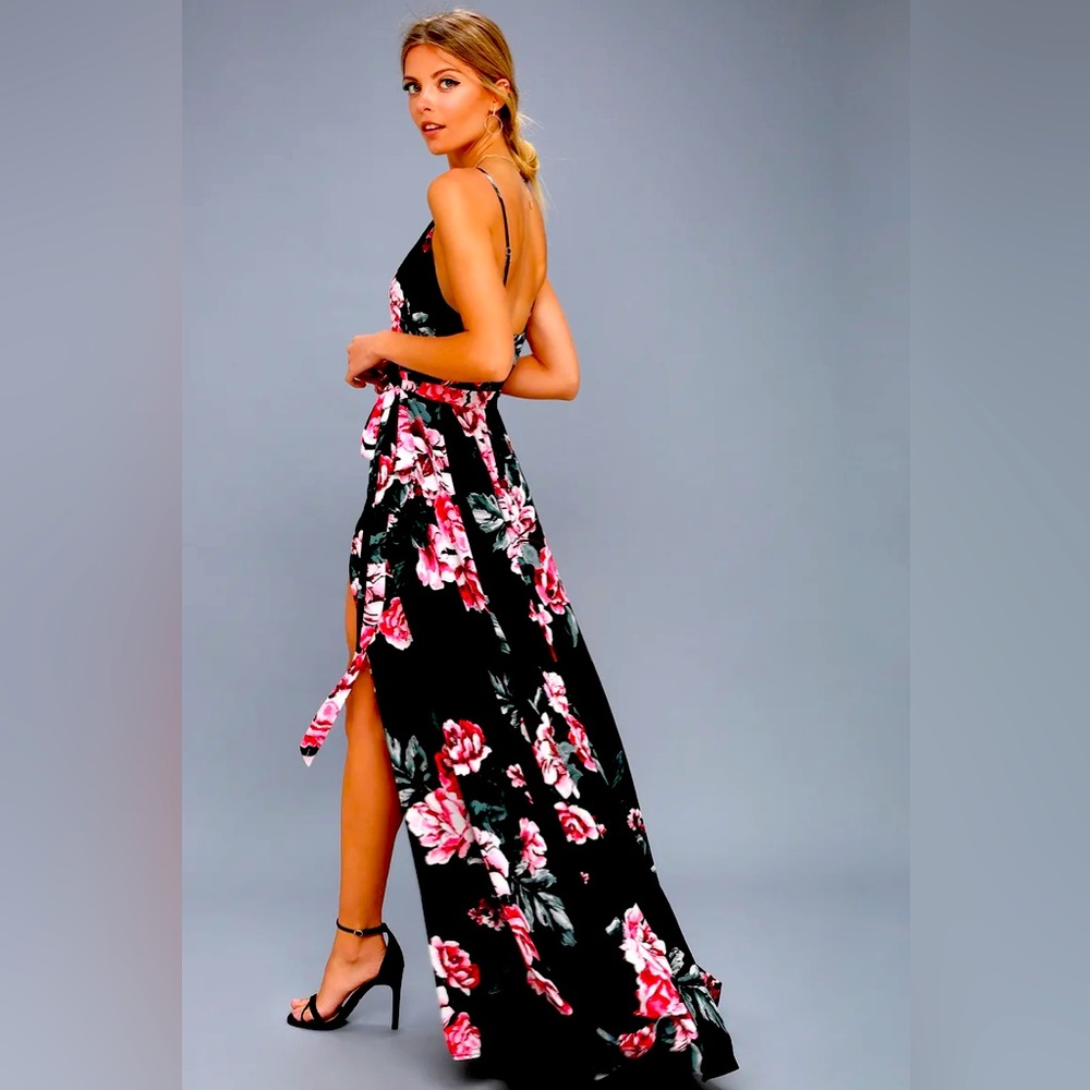 Lulus Floral Flirtation Black Floral Print Wrap Maxi Dress